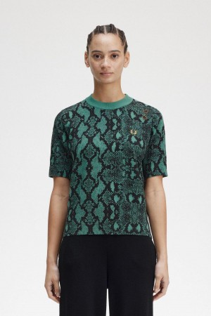 Deep Mint Fred Perry Snake Print Jumper Women's Knitwear | QSGUV69045