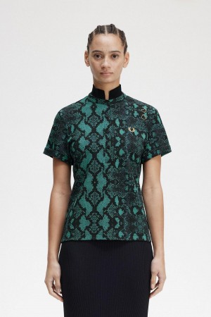 Deep Mint Fred Perry Snake Print Women's Polo Shirts | YSGVQ19170