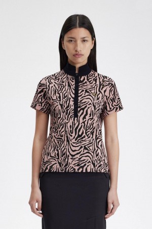 Dusty Rose Pink Fred Perry Zebra Print Women's Polo Shirts | SGNEJ88118