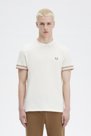 Ecru Fred Perry Bold Tipped Piqué Men's T Shirts | SGCVG92796