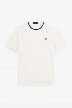 Ecru Fred Perry Crew Neck Piqué Men's T Shirts | SGICD96748