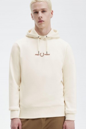 Ecru Fred Perry Embroidered Hooded Men's Sweatshirts | ZSGNQ28035