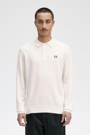 Ecru Fred Perry Long Sleeve Knitted Shirt Men's Knitwear | SGDFL94854