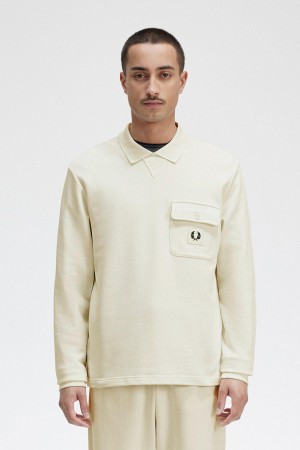 Ecru Fred Perry Long Sleeve Loopback Men's Sweatshirts | SGJBT75888