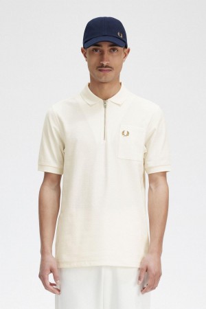 Ecru Fred Perry Textured Zip Neck Polo Shirt Men's Polo Shirts | MSGHR69541