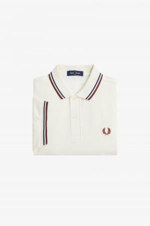 Ecru / French Navy / Whisky Brown Fred Perry M3600 Men's Fred Perry Shirt | SGJKU78352