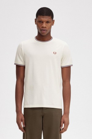 Ecru / Whisky Brown Fred Perry Twin Tipped Men's T Shirts | XSGBH28974