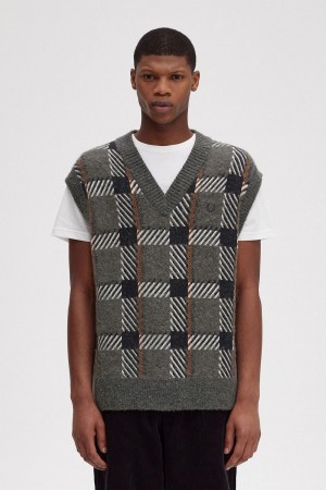 Field Green Fred Perry Glitch Tartan Knitted Tank Men's Knitwear | SGDYB47627