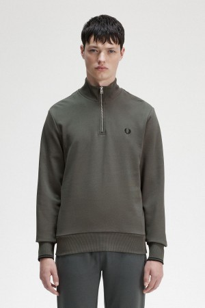 Field Green Fred Perry Half Zip Men's Sweatshirts | SGCIF28804