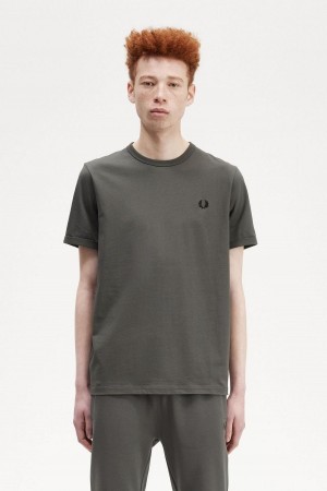 Field Green Fred Perry Ringer Men's T Shirts | SGEAH92415