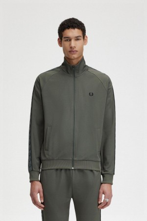 Field Green / Black Fred Perry Contrast Tape Men's Track Jackets | ZSGMJ85282