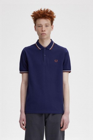 French Navy / Ecru / Whisky Brown Fred Perry M3600 Men's Polo Shirts | PSGER84569