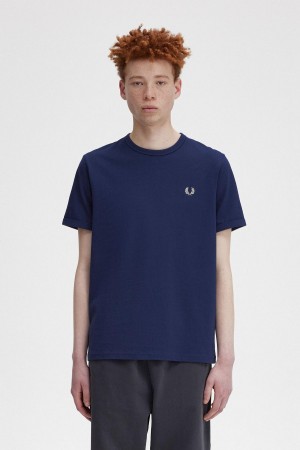 French Navy / Snow White Fred Perry Ringer Men's T Shirts | SGCIF47027