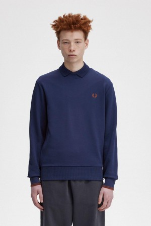 French Navy / Whisky Brown Fred Perry Crew Neck Men's Sweatshirts | ASGWC73494