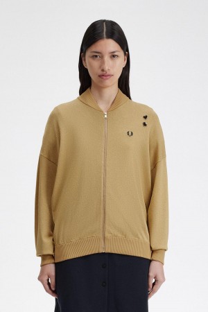 Gold Fred Perry Metallic Knitted Bomber Jacket Women's Knitwear | ASGWC45876