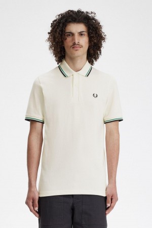 Light Ecru / Fred Perry Green / Black Fred Perry M12 Men's Polo Shirts | YSGGT58520