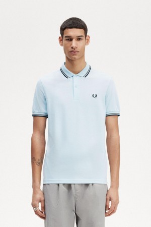 Light Ice / Field Green / Black Fred Perry M3600 Men's Polo Shirts | SGJKU20469