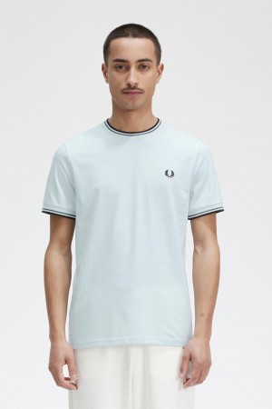 Light Ice / Field Green / Black Fred Perry Twin Tipped Men's T Shirts | SGEGJ23568