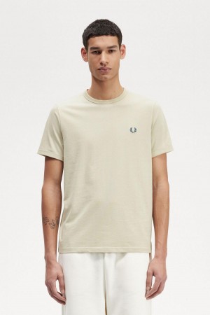 Light Oyster Fred Perry Ringer Men's T Shirts | ASGWC92332