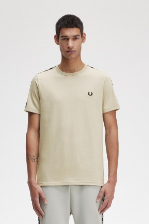 Light Oyster / Black Fred Perry Contrast Tape Ringer Men's T Shirts | MSGHR37256