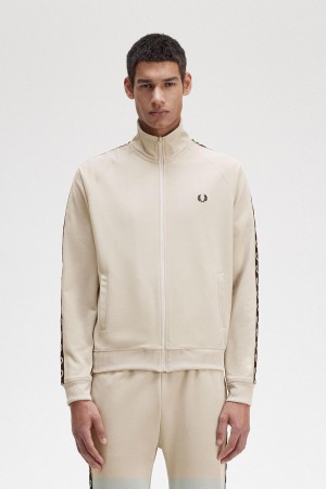 Light Oyster / Black Fred Perry Contrast Tape Men's Track Jackets | SGICD15928