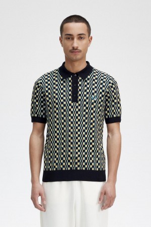 Light Oyster / Black Fred Perry Glitch Chequerboard Knitted Shirt Men's Knitwear | SGQCS36463