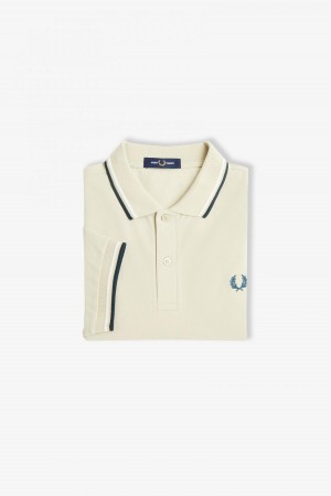 Light Oyster / Snow White / Petrol Blue Fred Perry M3600 Men's Fred Perry Shirt | SGCVG74799