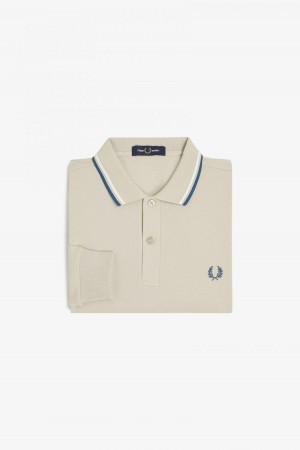 Light Oyster / Snow White / Petrol Blue Fred Perry M3636 Men's Fred Perry Shirt | SGNEJ66834