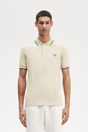 Light Oyster / Snow White / Petrol Blue Fred Perry M3600 Men's Polo Shirts | SGNZX83580