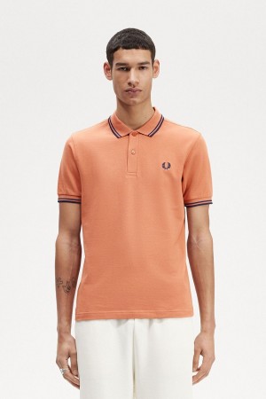 Light Rust / French Navy / French Navy Fred Perry M3600 Men's Polo Shirts | YSGVQ47488