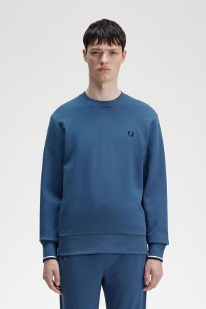 Midnight Blue Fred Perry Crew Neck Men's Sweatshirts | GSGUC28203