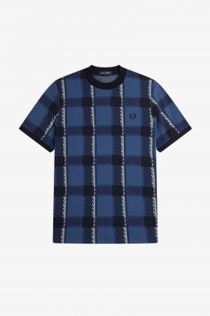 Midnight Blue Fred Perry Glitch Tartan Men's T Shirts | SGJKU64777