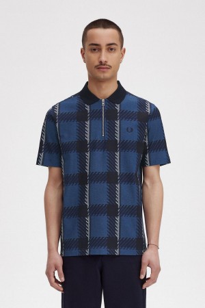 Midnight Blue Fred Perry Glitch Tartan Zip Neck Polo Shirt Men's Polo Shirts | SGNEJ51537