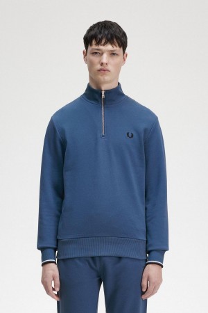 Midnight Blue Fred Perry Half Zip Men's Sweatshirts | SGZPD70206