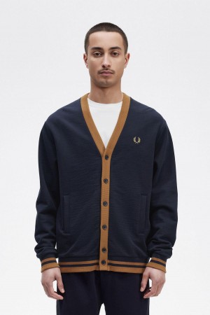 Navy Fred Perry Button Through Men's Sweatshirts | SGJBT65447