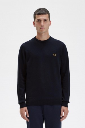 Navy Fred Perry Classic Crew Neck Jumper Men's Knitwear | LSGTR30146