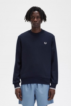 Navy Fred Perry Crew Neck Men's Sweatshirts | ESGVG28798