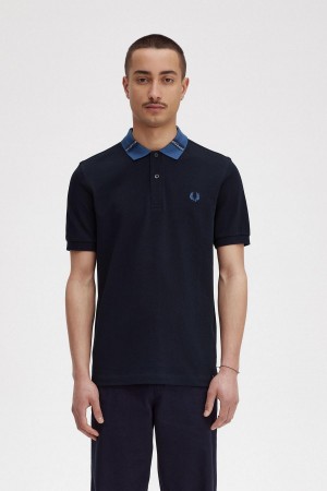 Navy Fred Perry Graphic Collar Polo Shirt Men's Polo Shirts | MSGHR36365