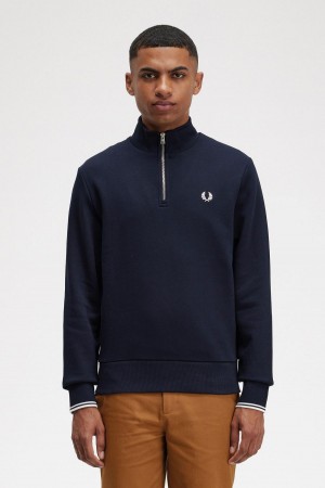 Navy Fred Perry Half Zip Men's Sweatshirts | SGNZX95221