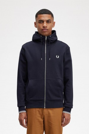 Navy Fred Perry Hooded Zip Through Men's Sweatshirts | ZSGNQ86278