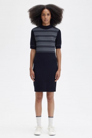 Navy Fred Perry Jacquard Knitted Women's Dress | YSGVQ81305