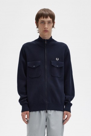 Navy Fred Perry Knitted Track Jacket Men's Knitwear | SGICD99934