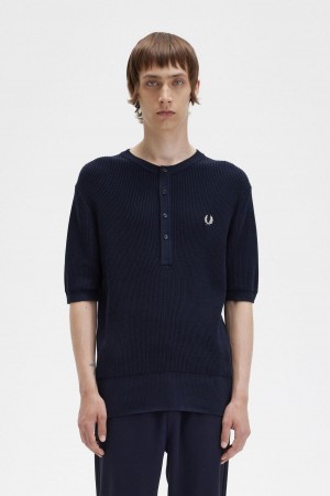 Navy Fred Perry Ribbed Knitted Henley Top Men's Knitwear | USGTG47840