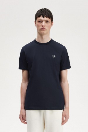 Navy Fred Perry Tape Detail Men's T Shirts | SGJZR68129