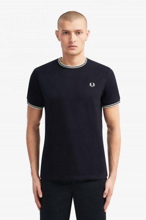 Navy Fred Perry Twin Tipped Men's T Shirts | DSGKV84132