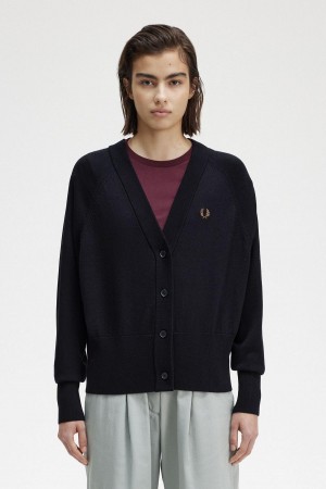 Navy Fred Perry V-Neck Cardigan Women's Knitwear | SGJKU15562