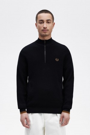 Navy Fred Perry Waffle Stitch Half Zip Jumper Men's Knitwear | ESGVG50421