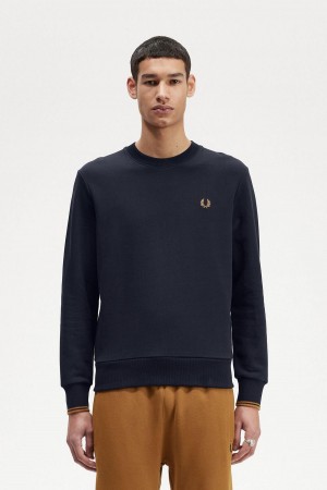 Navy / Dark Caramel Fred Perry Crew Neck Men's Sweatshirts | SGJVR64674