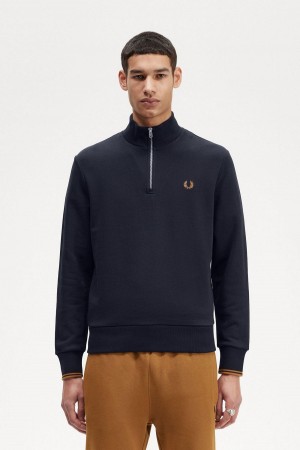 Navy / Dark Caramel Fred Perry Half Zip Men's Sweatshirts | ASGWC29348