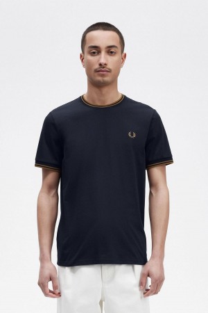 Navy / Dark Caramel Fred Perry Twin Tipped Men's T Shirts | MSGHR51604